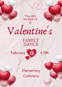 VALENTINES DANCE FLIER WITH RED AND PINK HEARTS